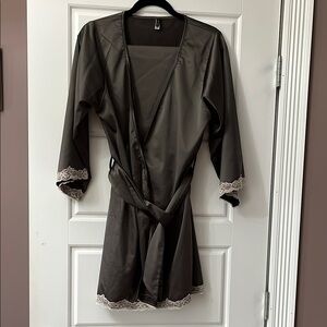 Elegant 2-Piece Bronze Satin Robe with Lace Trim